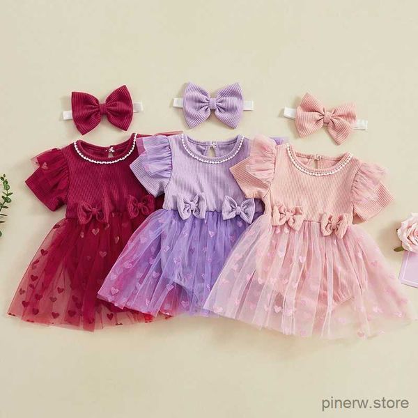 Vestidos da menina infantil bebê meninas dia dos namorados macacão com arco bandana manga curta coração impressão tule malha com nervuras patchwork romper vestido