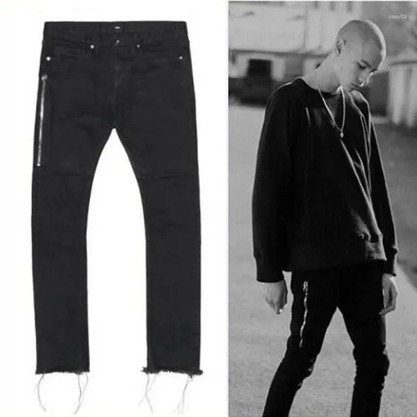 Calça jeans masculina com zíper lateral slim e versátil pura lavagem preta calça jeans tendência