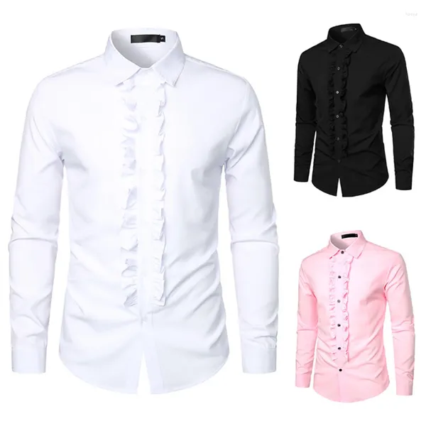 Camisas casuais masculinas 2024 homens cor sólida vestido de casamento manga longa camisa babados jantar smoking retro estilo medieval festa homens top