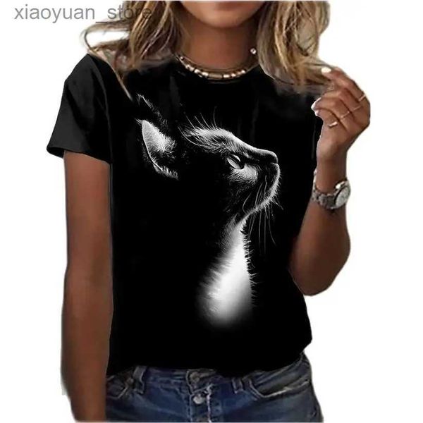 Damen T-Shirt Mode Frau Blusen 2022 T-Shirt Damen 3D Katzen Print Schwarz Kawaii T Shirt Damen Kleidung Übergroßes Sommer Top Kostenloser Versand 240130