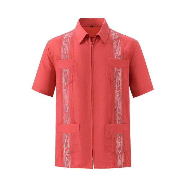 Camisas casuais masculinas de manga curta cubana guayabera camisas completas zip frente camisa mexicana com bolso manga curta camisetas para homem j240129
