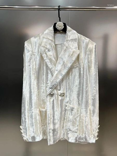 Женские костюмы HIGH STREET 2024 Est Дизайнерское пальто с бисером Стильный свободный бархатный пиджак с ромбовидными пуговицами