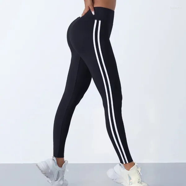 Calças femininas yoga cintura alta esportes leggings com lado branco listrado correndo treino calças apertadas senhora roupas ao ar livre