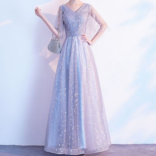 Abiti per la madre della sposa argento Tulle con paillettes brillanti Abiti da sera lunghi per feste Scollo a V Mezze maniche Cerniera sul retro Abito lungo fino al pavimento