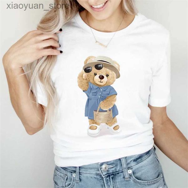 Camiseta feminina verão feminino diversão bonito menina urso impressão camiseta feminina moda roupas padrão camiseta lazer feminino simples manga curta t-s 240130