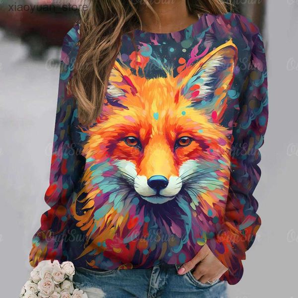 Mulheres T-shirt Mulheres Manga Longa Tops Anime Fox Impresso Camisetas Estilo Vintage Suéter Algodão O-pescoço Engraçado Senhoras Roupas Oversized Tees 240130