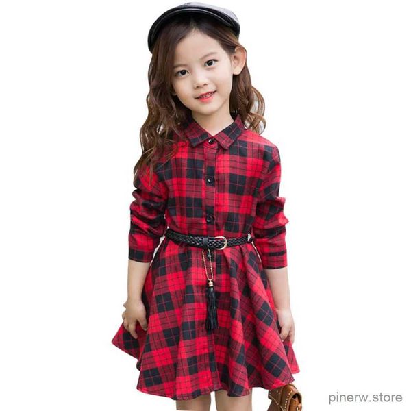 Vestidos da menina vestido de menina moda camisa xadrez vestido para meninas single-breasted crianças vestido de festa com faixas outono inglaterra roupas para meninas