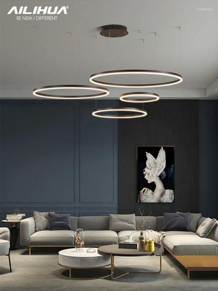 Pendelleuchten 2024 Moderne LED-Kronleuchter Home Beleuchtung gebürstete Ringe Deckenmontierte Hängelampe Gold und Kaffeefarbe