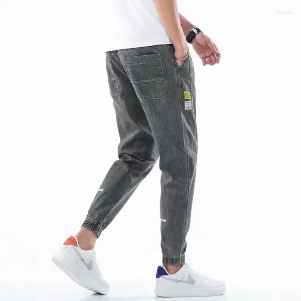 Jeans masculinos moda mens baggy cordão cintura streetwear elástico manguito kpop roupas casuais perna larga harajuku roupas masculinas