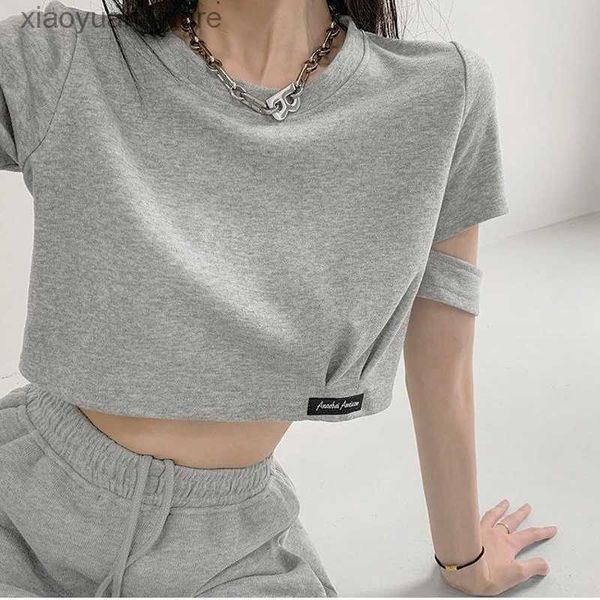 Damen T-Shirt Harajuke Crop Tops Damen Sommer Hohe Taille Mode T-Shirt Egirl Neues Solid Cut Out Kurzarm T-Shirts Übergroße Damen S-2XL 240130