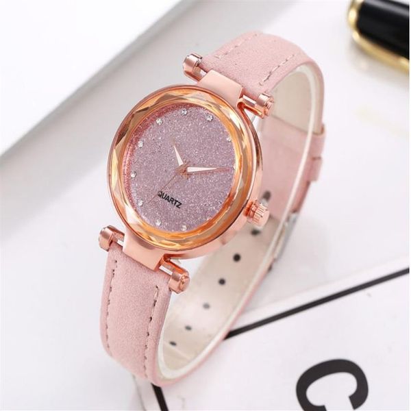 Charmoso céu estrelado estrela relógio lixado pulseira de couro prata diamante dial quartzo suave grils relógios femininos senhoras relógios de pulso sur260n