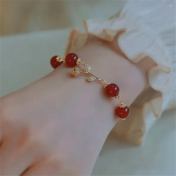 Braccialetti a maglie Elegante delicato e lussuoso Rosa dorata Agata rossa naturale Perline rotonde Bracciale regolabile Ornamenti da donna Gioielleria raffinata Regali