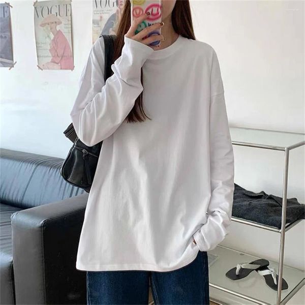 Camisas femininas 2024 versão coreana outono longo camiseta estudante verão primavera moda branco camisa de fundo mulheres usam cor sólida