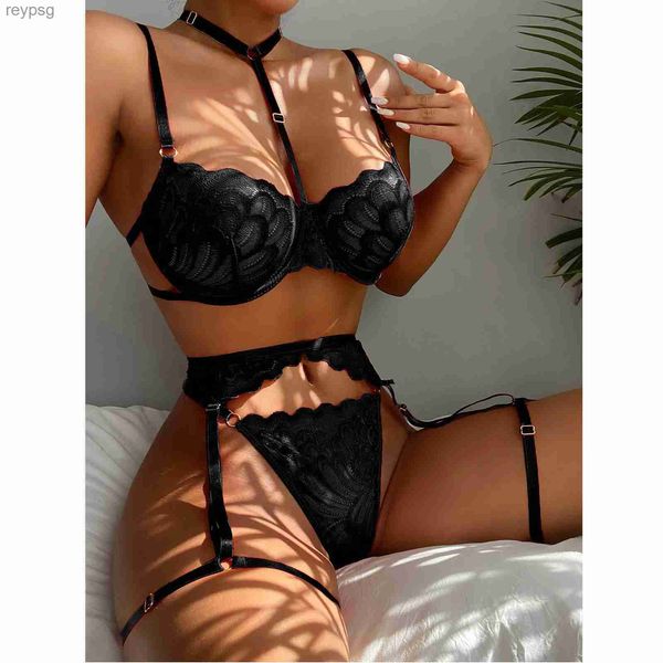 Altre mutandine Intimo 3 pezzi Bowknot Set sexylingerie floreale per le donne Pigiama sexy con anello in acciaio Giarrettiera Lingerie con cintura YQ240130