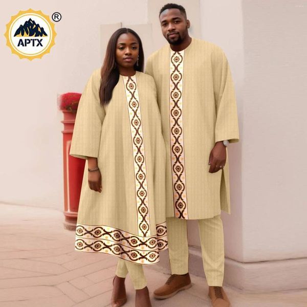 Etnik Giyim Afrikalı Çiftler Matematik Giysileri Bazin Riche Jacquard Erkekler Uzun Üst ve Pantolon Setleri Kaftan Dashiki Kadınlar Gevşek Maksi Elbiseler