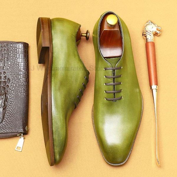 Abito Oxford da uomo di qualità in vera pelle verde giallo fatto a mano scarpe da lavoro con testa quadrata scarpa formale da sposa per uomo