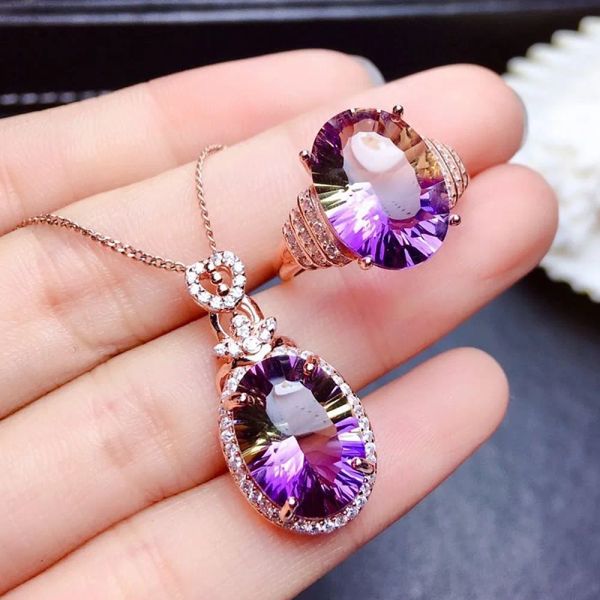 Halskette Lila Kristall Amethyst Citrin Achat Zirkon Diamanten Edelsteine Anhänger Halsketten Ringe Roségold Farbe Schmucksets für Frauen