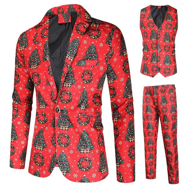 Männer Trainingsanzüge Männer Casual 3 Stück Set 2024 Weihnachten 3D-Druck Blazer Jacken Weste Hosen Party Mode Blume Anzüge Mantel Hosen