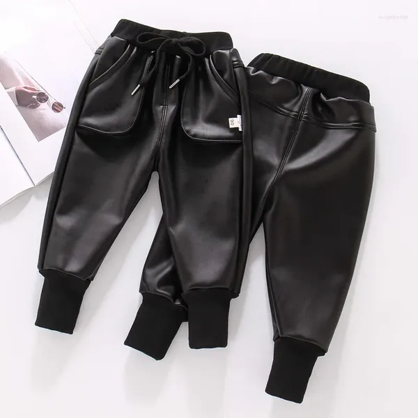 Calça meninos meninos pu de couro faux calça crianças lã de inverno imitação preta para meninos adolescentes