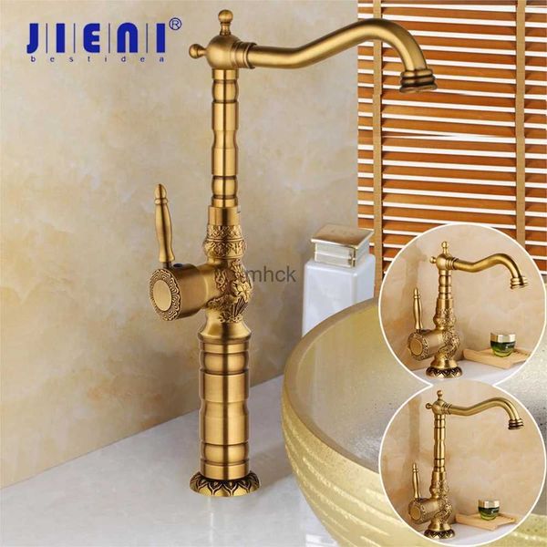 Torneiras de cozinha JIENI Antique Brass Bathroom Basin Torneira Long Nose Spout Wash Sink Tap 360 Rotation Mixer Tap Art Design Torneira de cozinha 240130