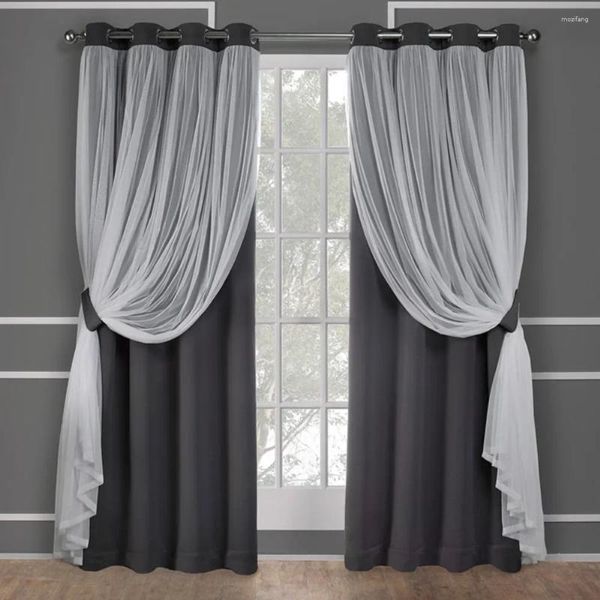 Curtain Home Curtains Catarina, geschichtet, massiv, raumverdunkelnd, verdunkelnd und durchsichtige Ösen oben, Paar, 52 x 84 cm, schwarze Perle