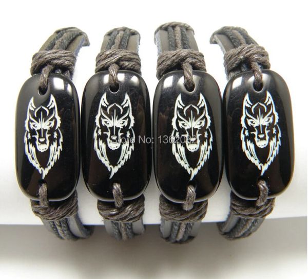 Armbänder 12 Stück Nachahmung Yak-Knochen Harz geschnitzt Totem Wolf Lederarmband Amulett Geschenk MB03