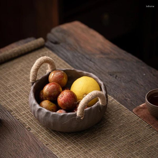 Pratos japonês retro cerâmica grossa chá bandeja de frutas cerâmica com alça cesta casa lanche tigela placa seca rack