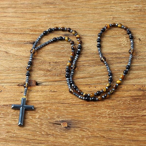 Strand natural preto ônix com pedra de olho de tigre pulseiras católico cristo rosário hematita cruz pingente masculino meditação jóias