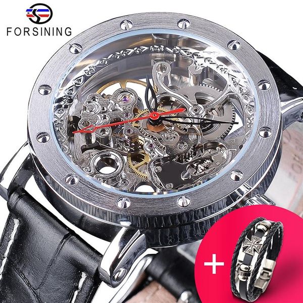 Forsining relógio pulseira conjunto combinação prata esqueleto mão vermelha preto couro genuíno relógios automáticos masculino transparente clock323j