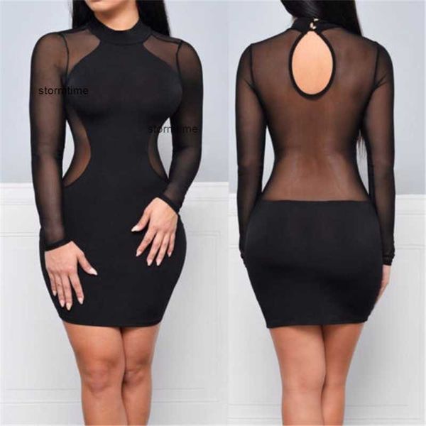 Mulheres sexy vestido ver através de malha bandagem bodycon manga longa roupas femininas noite sexy festa clubwear mini vestido magro