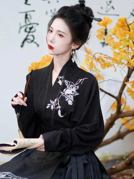 Ethnische Kleidung, übergroßes traditionelles chinesisches Hanfu-Oberteil, Übergröße, schwarzes Hemd mit Flugzeugärmeln, verbesserte Stickerei für Damen