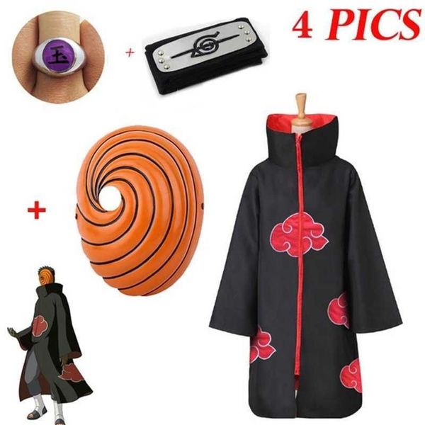 4 fotos akatsuki uchiha tobi obito akatsuki cosplay traje capa máscara halloween homem mulher cosplay traje bandana acessórios y08275k