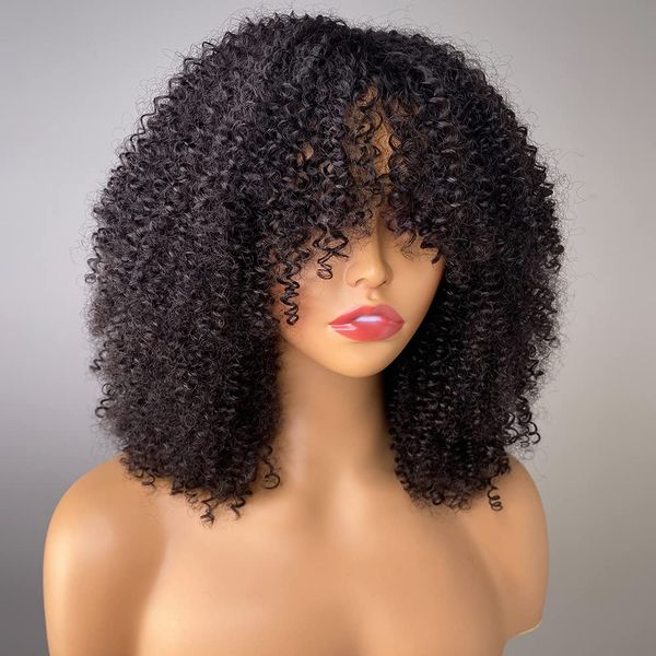 Afro kinky encaracolado peruca com franja completa máquina feita 200 densidade virgem brasileiro curto encaracolado perucas de cabelo humano cor natural