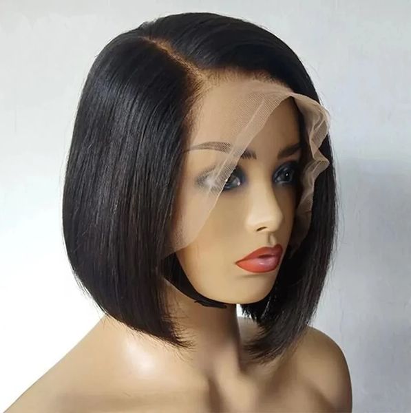 Em linha reta 13x4 frente do laço curto bob peruca natural preto peruca de cabelo humano para preto feminino parte lateral fechamento bob peruca cabelo brasileiro