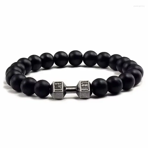 Charme pulseiras halteres grânulo moda natural ajuste vida preto pedra frisado pulseira para energia masculina ginásio barbell jóias presentes