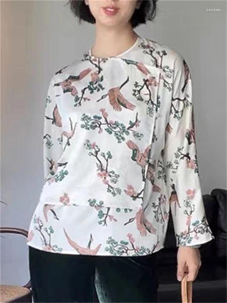 Blusas femininas estilo chinês vintage impressão blusa para mulher lado único breasted pérola botões chemise 2024 senhora camisa de seda e topo