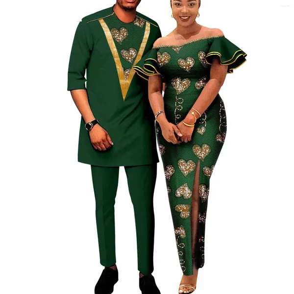 Roupas étnicas Venda Vestidos de Impressão Africanos para Mulheres Ruffles Manga Fit Matching Casal Roupas Dashiki Homens Zipper Camisa Calças Conjuntos