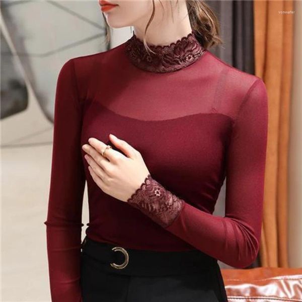 Mulheres Camisetas Mulher Verão Moda Lace Costura Bottoming Feminino Manga Longa Solta Chiffon Camisa Blusa Senhoras Grande Tamanho Fino Top G638