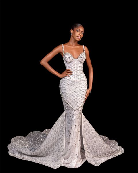 Arabo Aso Ebi Luxury Nobility Mermaid Abito da sposa Abito senza maniche Rhinestone Shining Crystal Worteless Bridal Abito da sposa per donne con splendido treno Vestitido de nolia