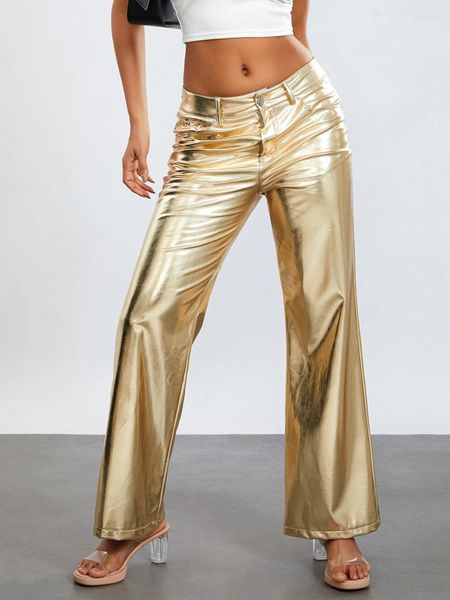 Damenhosen Wsevypo Metallic Gerades Bein Lange Mode Niedrige Taille Knopf Glänzende Goldhose Lose Mit Taschen