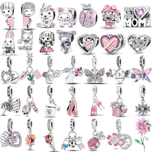 Lose Edelsteine rosa 925 Original Silber Schmetterling Blume Katze Mädchen Ballerina Schuh Charm Perlen passen Armband Halskette Anhänger DIY Schmuck