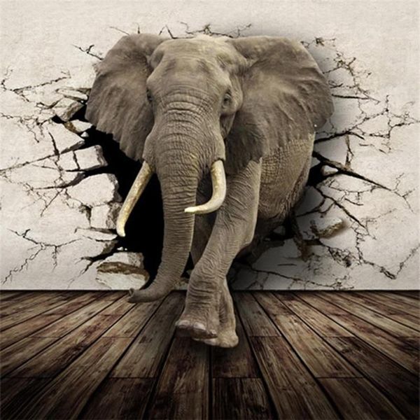 Wallpapers tamanho personalizado 3d parede quebrada elefante rinoceronte po mural papel para crianças quarto sala de estar decoração não-tecido wallpape2825