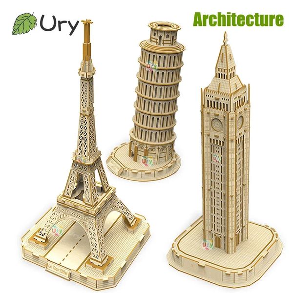 Ury 3D Puzzle in legno Torre Eiffel Pendente di Pisa Empire State Building Mondo Architettura Modello Kit fai da te Giocattoli Decorazione 240122