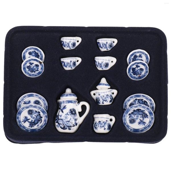 Link pulseiras 1/12th jantar ware china conjunto de chá cerâmica casa bonecas miniaturas flor azul