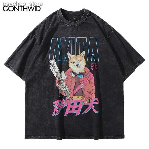 T-shirt da uomo Oversize Distressed Tshirt Hip Hop Divertente cartone animato giapponese Akita Dog Stampa Vintage Tee Shirts Streetwear 2023 Harajuku T-shirt Q240130