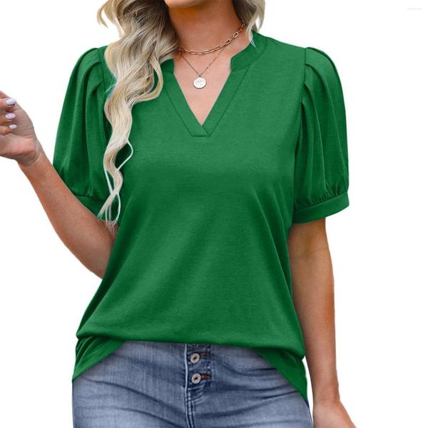 Blusas femininas sólido solor camisas das mulheres verde manga puff topos verão v pescoço coreano henley t camisa senhoras o pullovers t