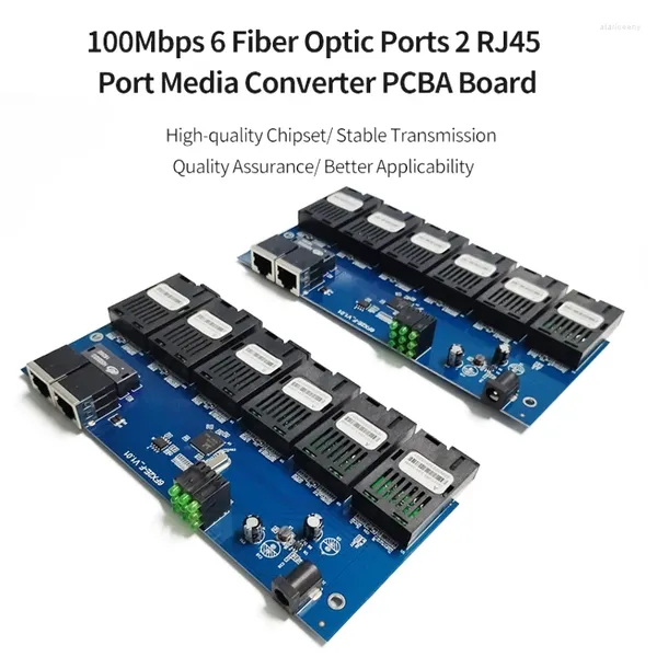 Equipamento de fibra óptica 10/100M Interruptor de modo único Conversor de mídia óptico PCBA 6 155M Porta 2 RJ45 20KM SC Fast Ethernet Simplex/Duplex