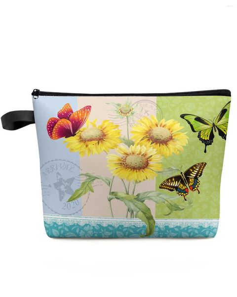 Borse per cosmetici Fiore Girasole Farfalla Timbro postale Borsa per trucco Borsa da viaggio Elementi essenziali per la toilette da donna Astuccio per riporre le matite