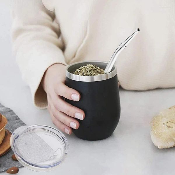 Tazze Piattini A Doppia Parete In Acciaio Yerba Zucca Mate Set da Tè Caffè Tazza di Acqua Con Coperchio Cucchiaio di Paglia Bombilla Testa Spazzola Filtro