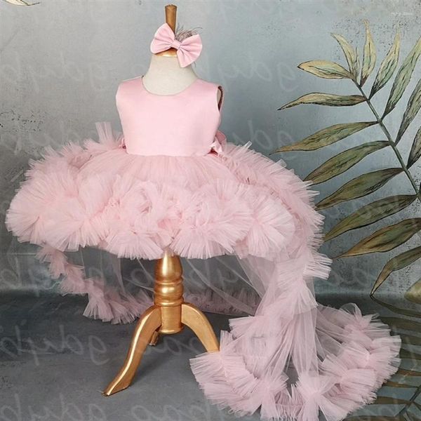 Abiti da ragazza Abito a fiori soffice rosa chiaro Gonna in tulle con perline Matrimonio scintillante Elegante festa per la prima comunione del bambino